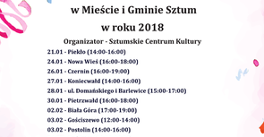 Harmonogram zabaw karnawałowych dla dzieci w mieście i gminie Sztum w 2018 roku.